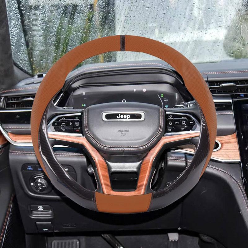 38CM Leather Car Steering Wheel Cover For Jeep Renegade Wagoneer Avenger Recon Wrangler JK Gladiator Compass Auto Accessories