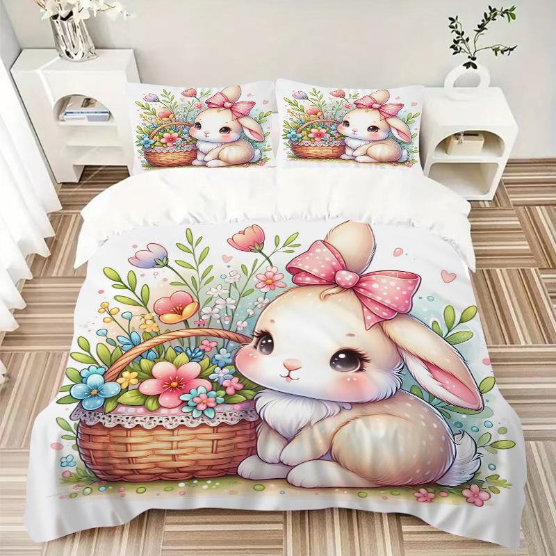 3pcs Bunny & Flowers Printed Bedding Set, Soft and Comfortable Quilt Cover for Bedroom, Guest Room (1 Duvet Cover + 2 Pillowcases, Pillow Co