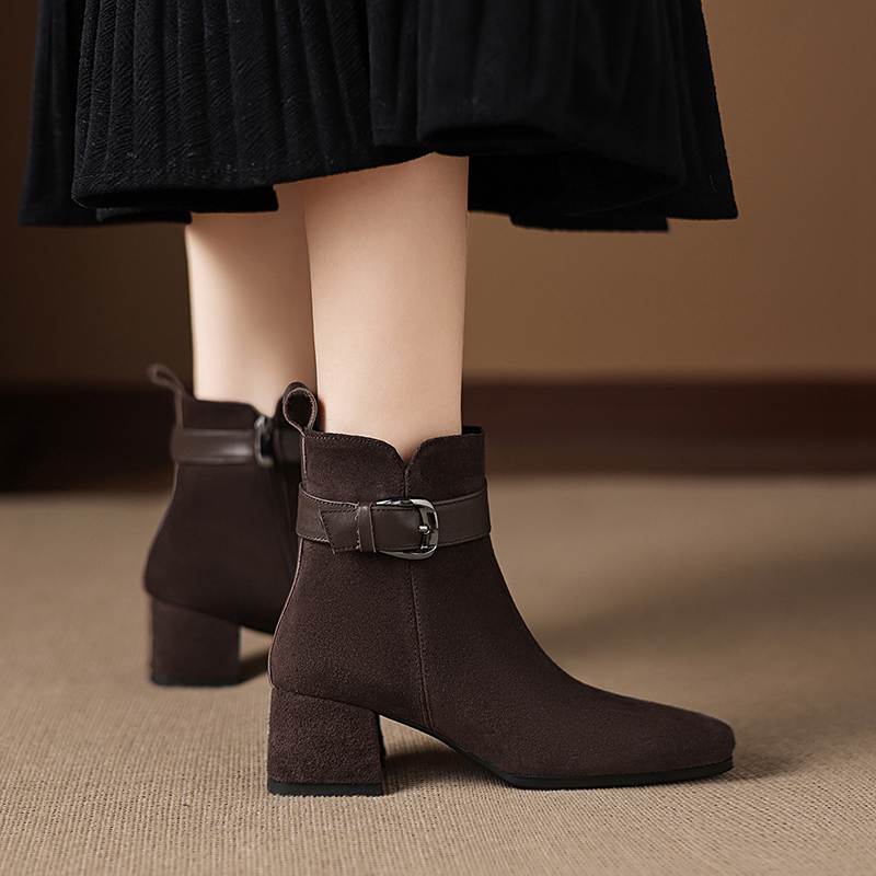 Krazing Pot Cow Suede Nubuck Square Toe Thick Heels Chelsea Boots Size 42 Zip Beauty Lady Women Ankle Boots