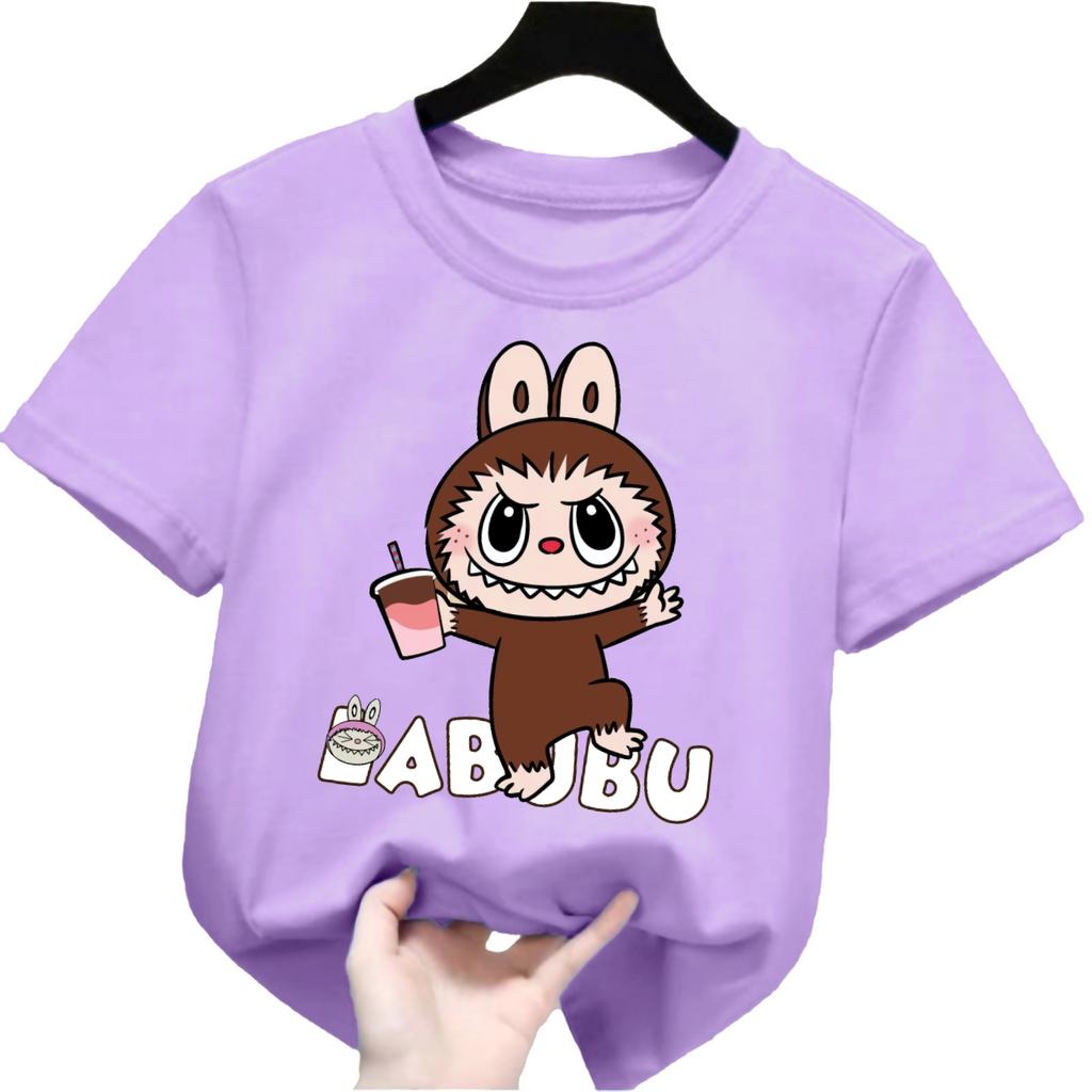 2025 New Labubu Children's T-shirt LABUBU Holding Milk Tea Pattern Girl Round Neck Short Sleeved Casual Versatile Clothing