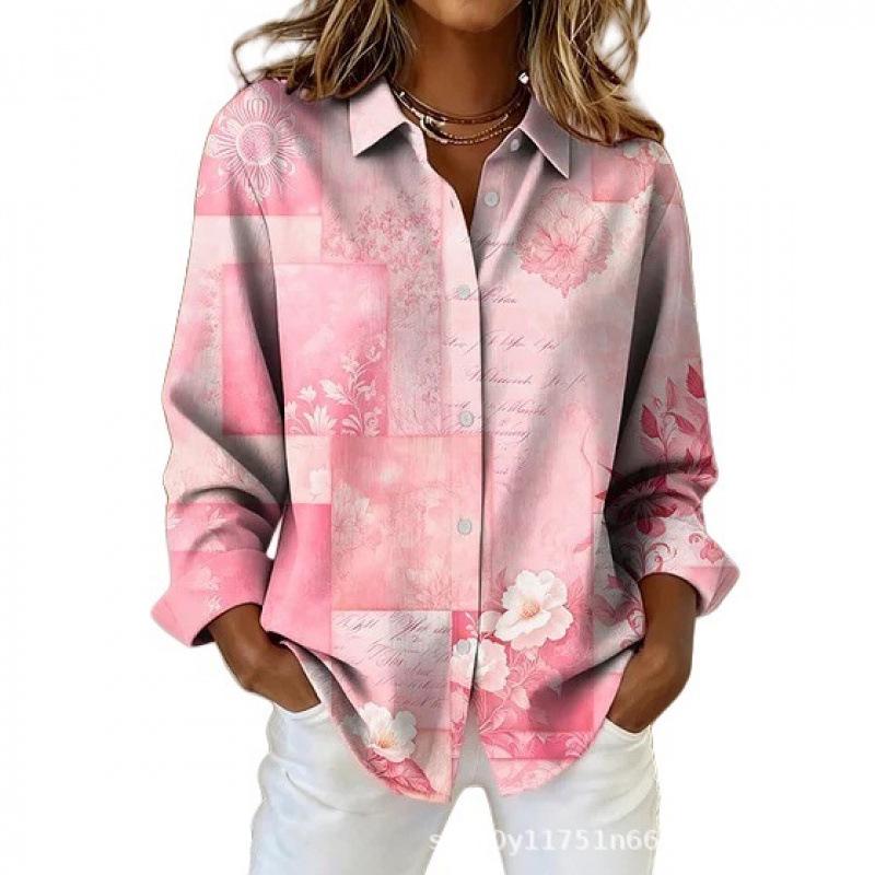 Women's Long-Sleeve Pink Floral Plaid Shirt - 3D Print Versatile Top