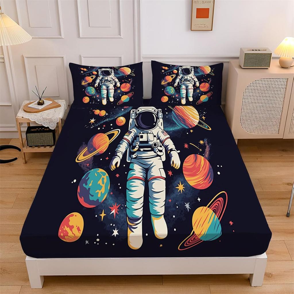 Astronaut Fitted Sheet,Universe Planet Bedding Set 2pcs,Outer Space Theme Bed Cover with 1 Pillowcase for Kids Boys Room Decor