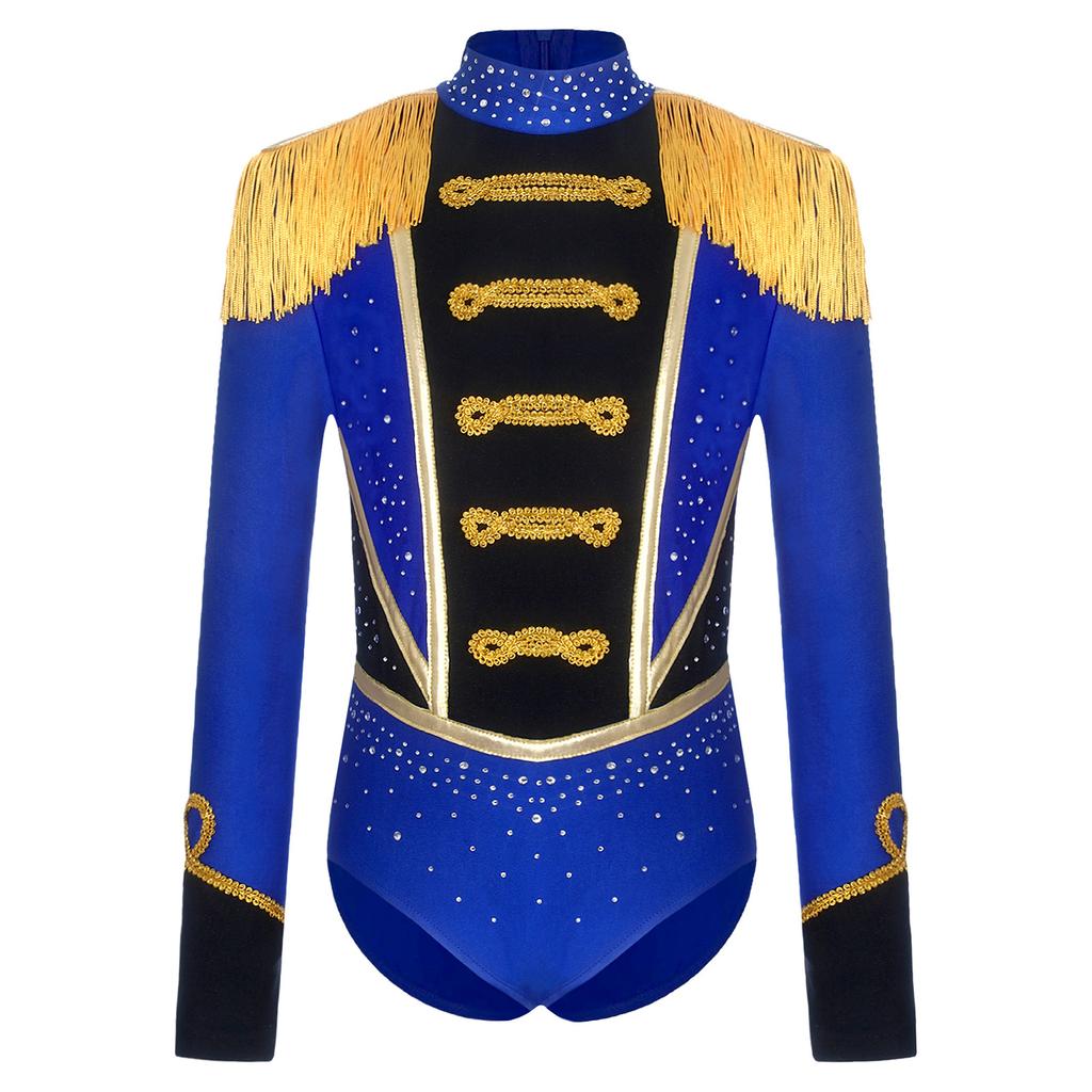 Children‘s Circus Themed Leotard Sparkly Rhinestones Long Sleeve Tassel Shoulder Pads Contrast Color Bodysuit for Stage Performance