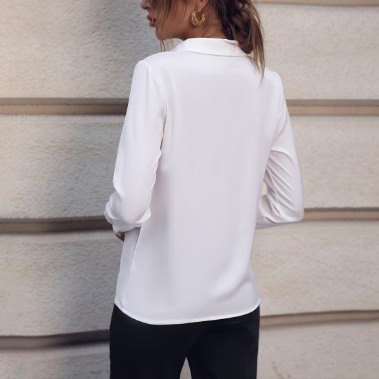 Women Shirt Lapel Long Sleeve Faux Pearl Decor Regular Fit Shirt Solid Color Simple Lightweight Blouse