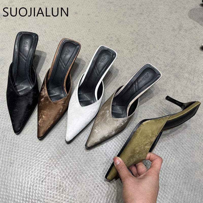 Fashion SUOJIALUN 2024 Spring New Women Slipper Fashion Pointed To Shallow Slip On Mules Shoes Thin High Heel Ladies Elegant Sandals