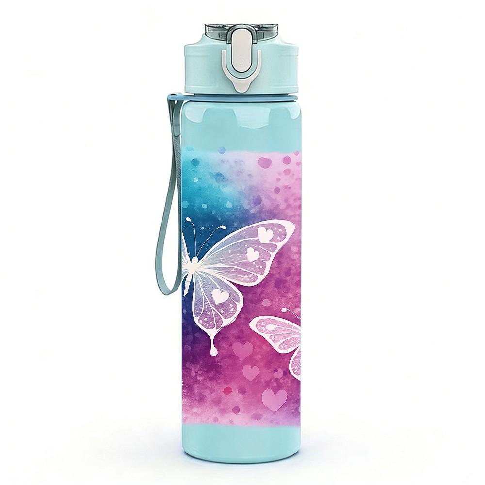 1PC Glitter Pastel Butterfly Magic Print 750ml Color Plastic Sports Water Bottle Leakproof Flip Straw Lid Suitable for Sports Office Home Use