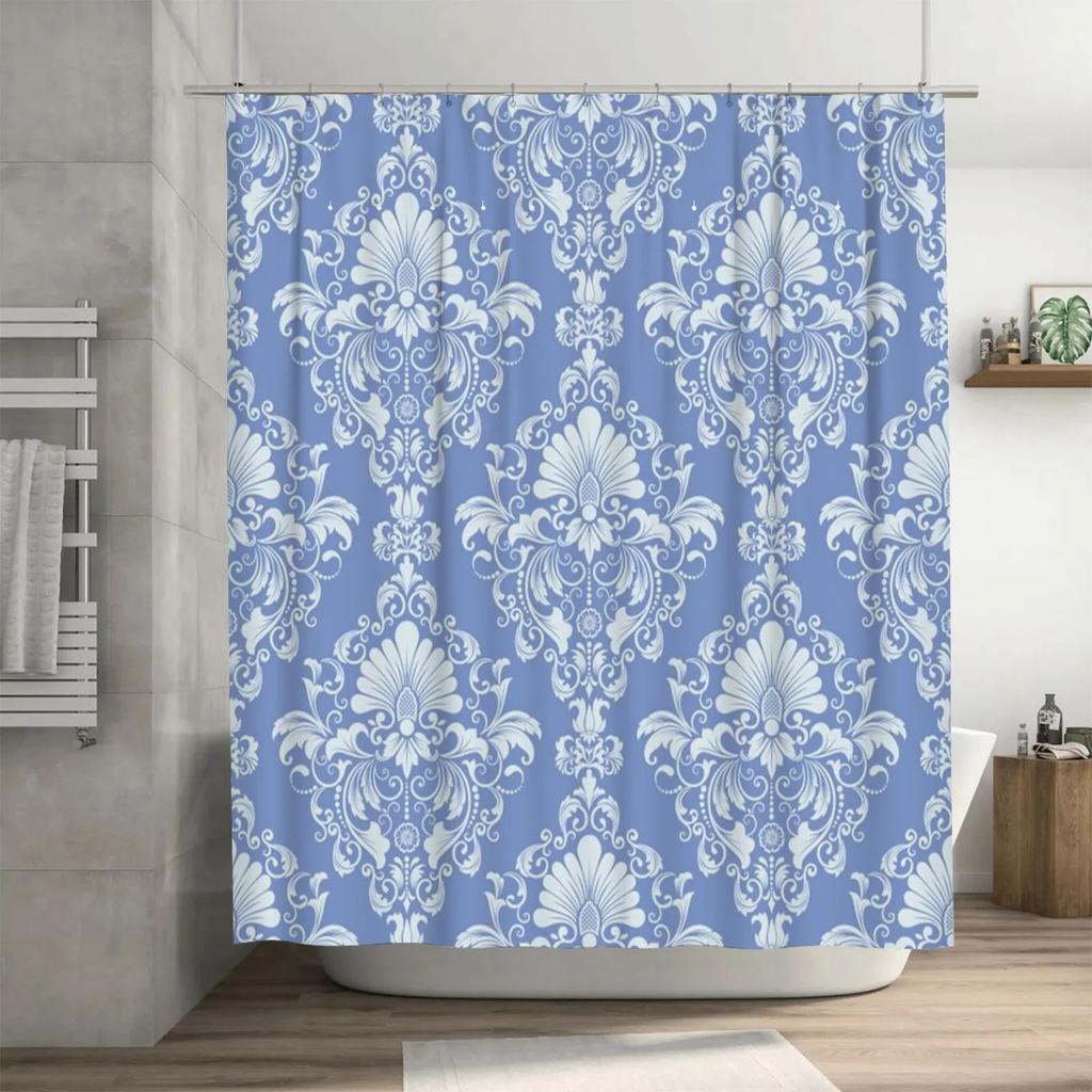 Blue and White Damask Shower Curtain with Waterproof Fabric for Bathroom Decor