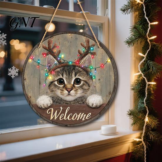 Front Entrance Decoration Wooden Christmas Welcome Sign, Animal Round Hanging Door Decor, Pet Theme Farmhouse Ornament for Window Garden Holiday Decor