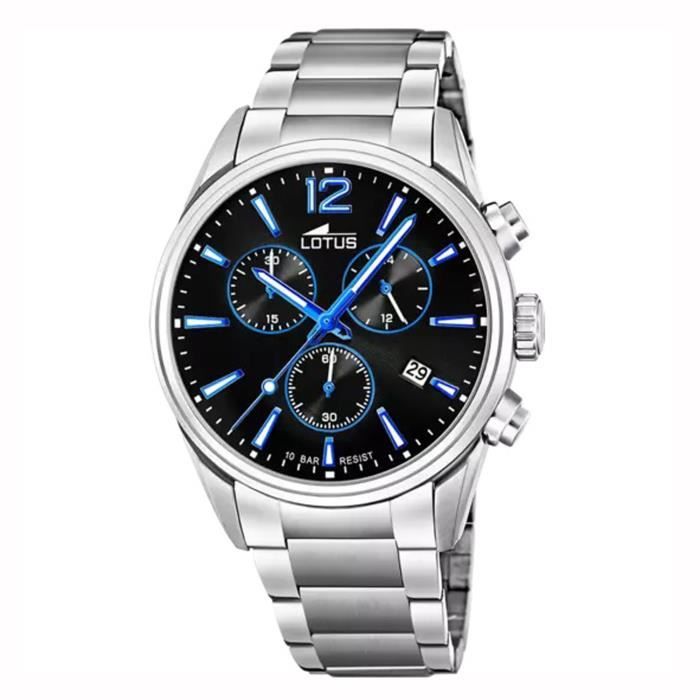 Montre - LOTUS - Montre Lotus cadran noir - Bracelet acier - Index blancs et bleus - Quartz