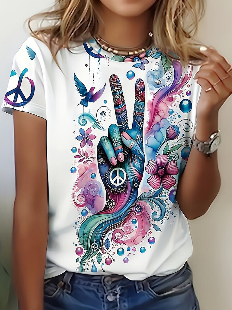 A Women's Springsummer Cute Printed Short-sleeve Round-neck T-shirt. Casual Short-sleeve T-shirt with Springsummer Print. Fashionable Short-sleeve Rou