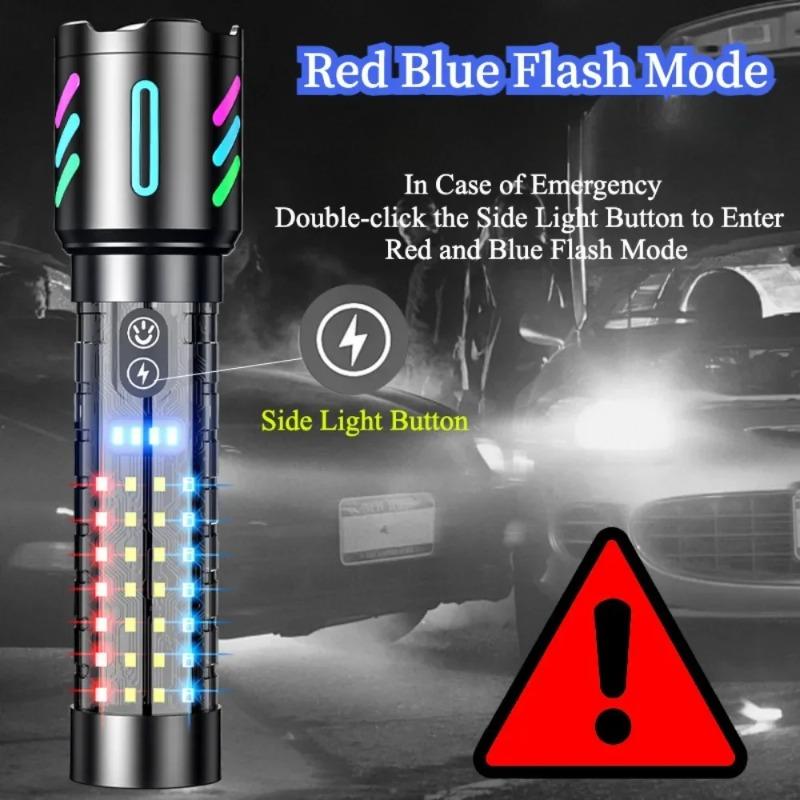 1800mAh Laser Lamp Beads LED Flashlight Type-C Charging Zoom Emergency Tactical Handheld Light Multi Functional Outdoor Hiking Camping