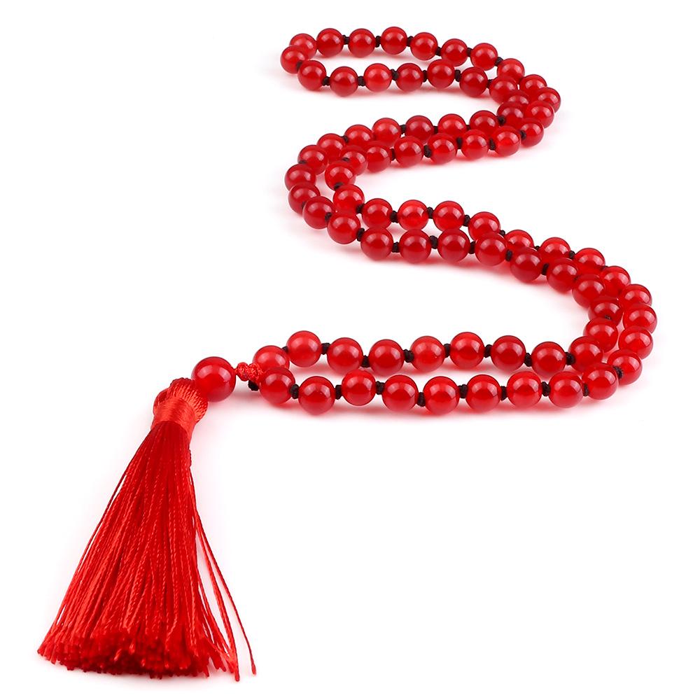 European 8mm Stone Bead Tassel Necklace and Multi-Strand Buddhist Bead Bracelet