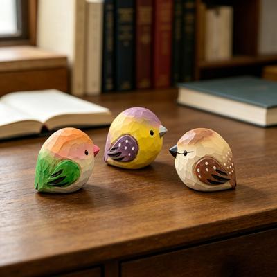 Mini Wood Carving Bird Ornament Hand-Carved Painted Bird Figurine Statue Sculpture Home Office Desktop Decoration Ornament
