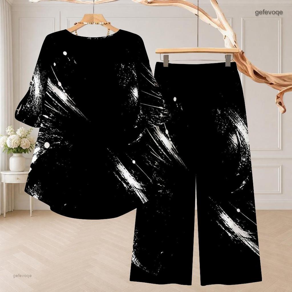 Women Plus Size Black White Printed Round Neck High Low Top And Long Pants Two Piece Set