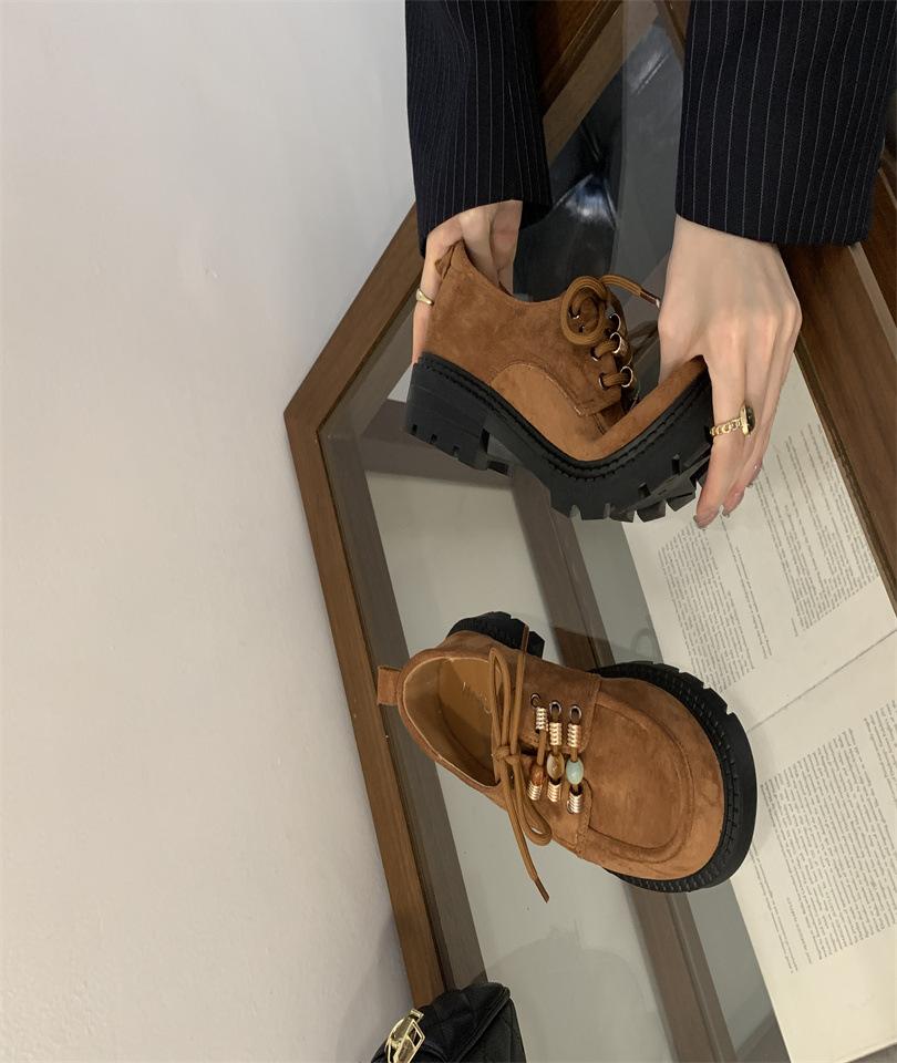 Muffin platform loafers women's 2025 autumn new versatile lace-up single shoes small people increase height British small leather shoes