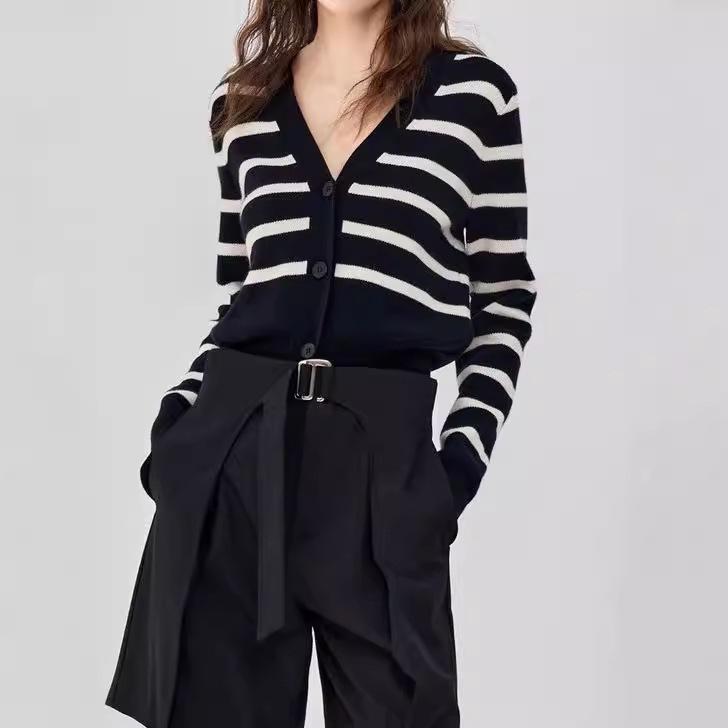 Autumn Women's V-neck Long Sleeved Sweater Striped Knitted Sweater Cardigan Design Sense