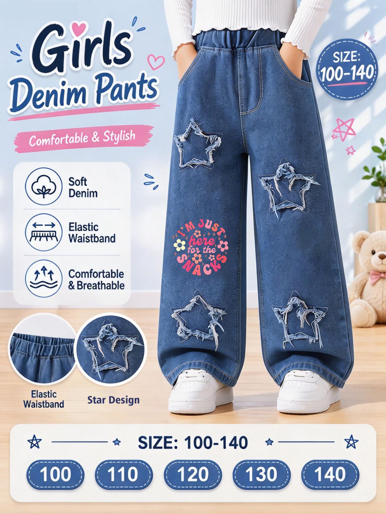 Girls Elastic Waist Denim Pants with Star Design & Fun Slogan Print, Casual Wide Leg Jeans for Kids 100cm синий