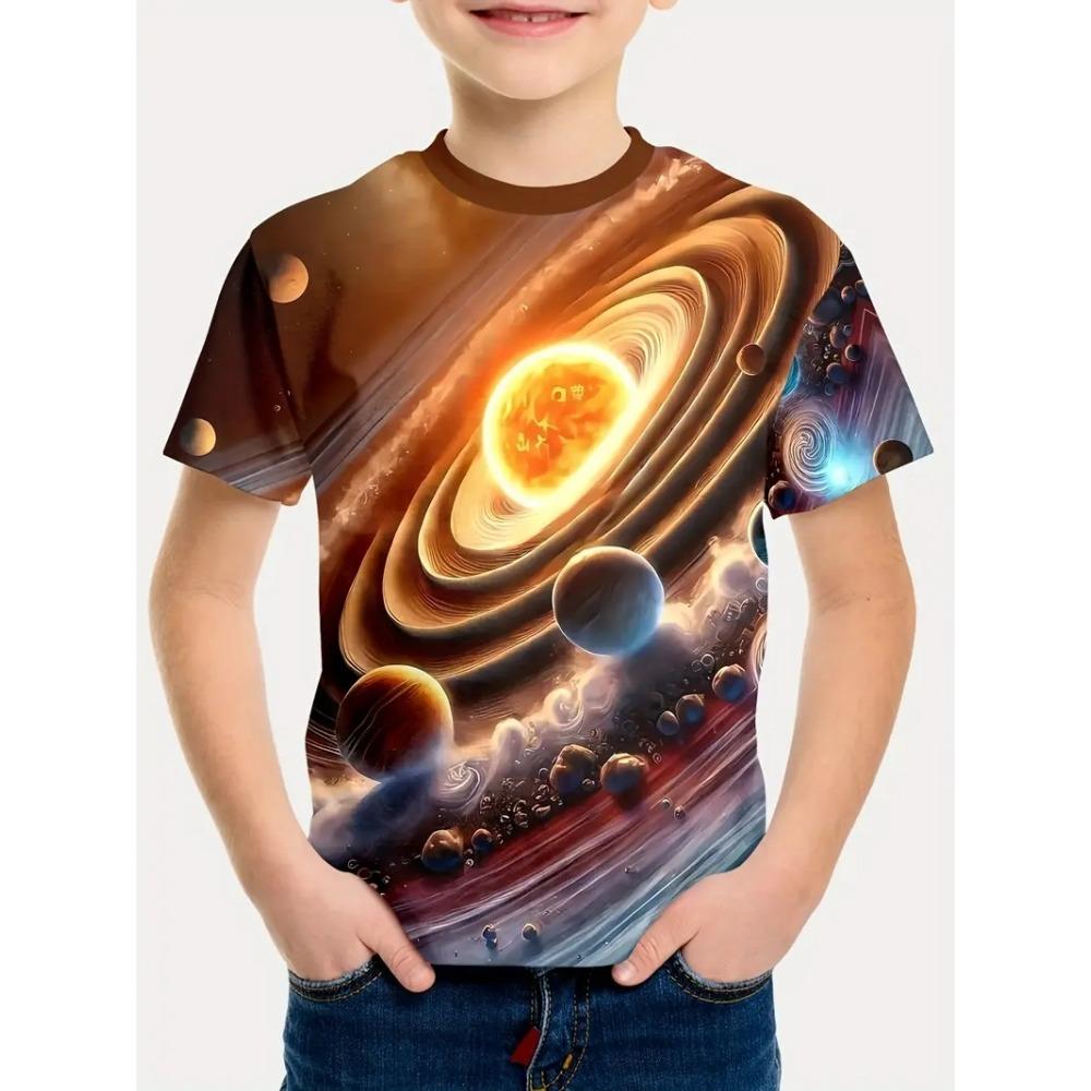Children's clothing, boys' breathable and suitable T-shirt, 3D printed space pattern short sleeved shirt, boys' summer fashion, cool round neck top