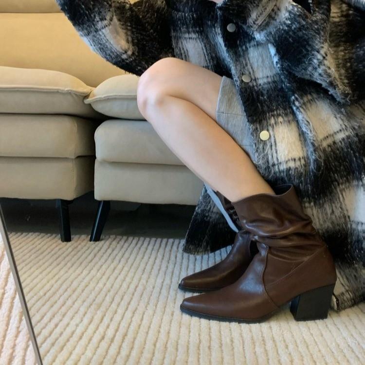 2025 Autumn and Winter Pointed Head Thick Heel Patent Leather Thin Boots Women's Medium Tube Pleated Pile Boots Western Boots Martin Boots Short Boots