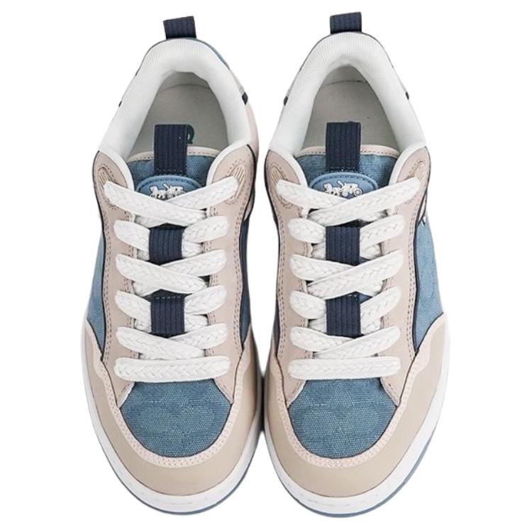 Coach C023 Sneaker Fabric Cow Split Leather Round Toe Lace-Up Low-Top Skate Shoes Women sneaker Gray Blue CAX35-XUK