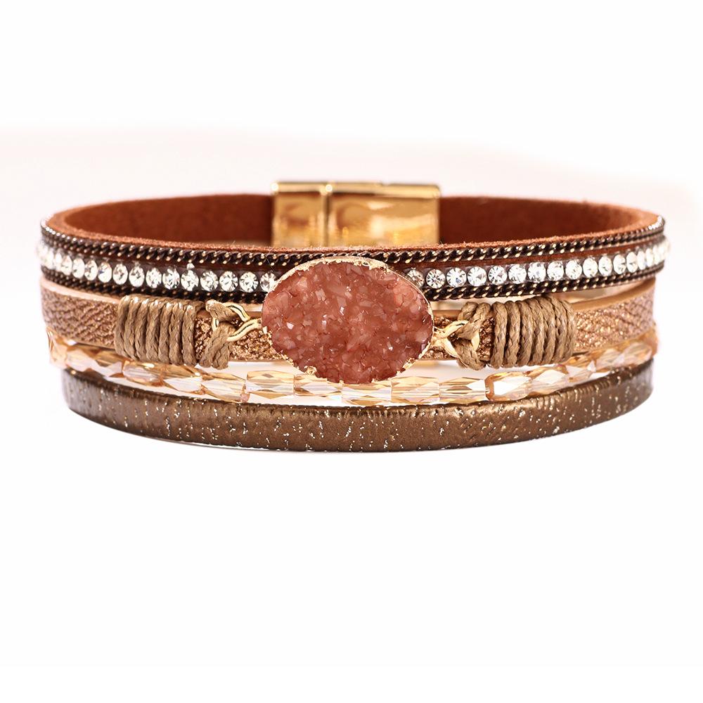 

Bohemian Magnetic Buckle PU Leather Bangle with Inlaid Diamond Crushed Stones