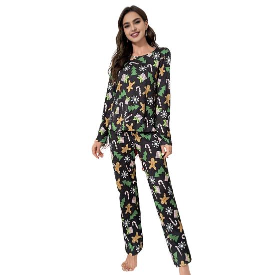 

Женский пижамный комплект Осень Зима 2 предмета Домашний костюм Топ с длинным рукавом и брюки Свободный пижамный комплект Рождественская тематика Одежда для сна S чёрный