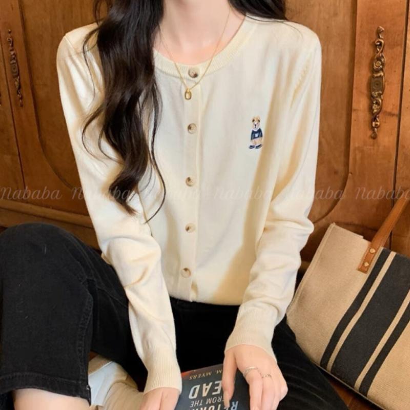 Navava Simple Bear Embroidery Long Sleeve Knit Cardigan Nk1997