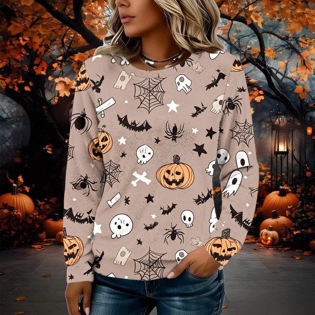 Women's Flannel Long Sleeve Top with Halloween Print Neck Pullover Shirt