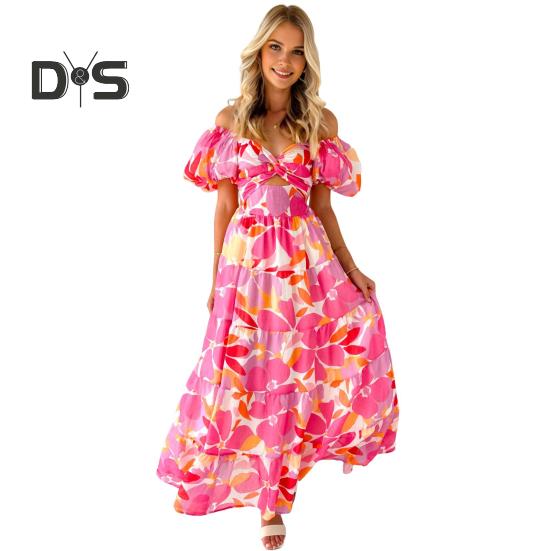 Women Evening Dress Bubble Sleeves Low-cut Off Shoulder Colorful Print A-line Big Hem Patchwork Hollow Out Pleated Vacation Beach Maxi Dress