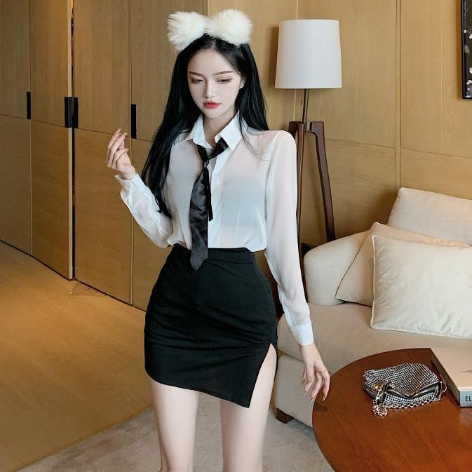 Sexy Chiffon Shirt Women's Long-sleeved Short Skirt Hip-wrapped Secretary Uniform Suit Pure Desire Style Nightdress Spring and Autumn