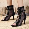 Summer New Spliced Mesh Heels Women's Round Toe Open Toe Front Strappy Anti-Slip Wear-Resistant Stiletto Sandals