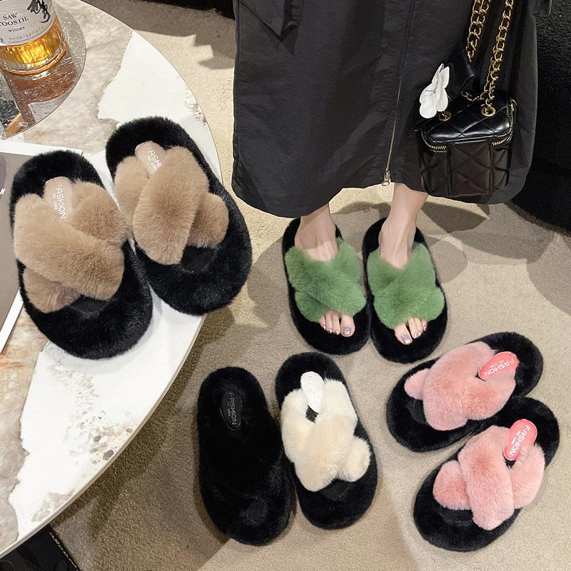 4Cm heel large size fluffy slippers women's 2025 winter new thickened warm non-slip Korean version indoor cotton slippers