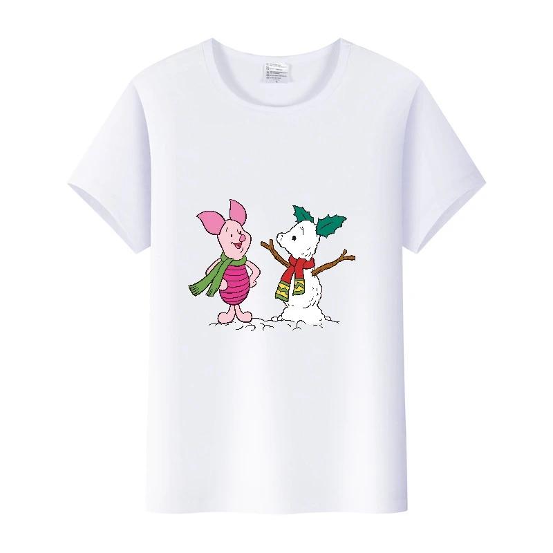 Kawaii Cartoon Pooh Bear Piglet Clothes Girl Top Womam T-shirts Loose Blouse White Tee Short Sleeve Streetwear 90S Shirts Unisex