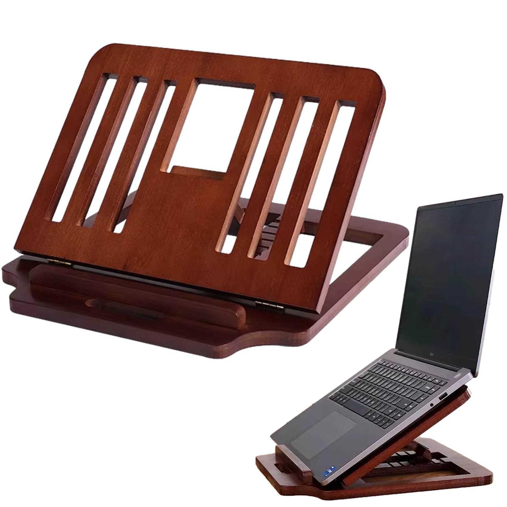 

NOELAMOUR Стильная деревянная подставка для ноутбука с 6 регулируемыми углами Портативная и улучшает осанку Коричневая с позициями из черного ореха, (Мрачный взгляд)