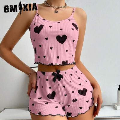 Damen Homewear Love Print Träger-Shorts Lässig Ringelstreifen Tragbare Pyjamas