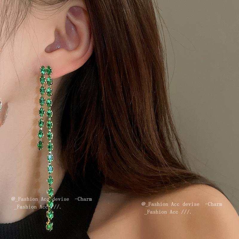 Silver needle zircon long fringed earrings European and American light luxury high-end stud earrings niche fashion versatile earrings women