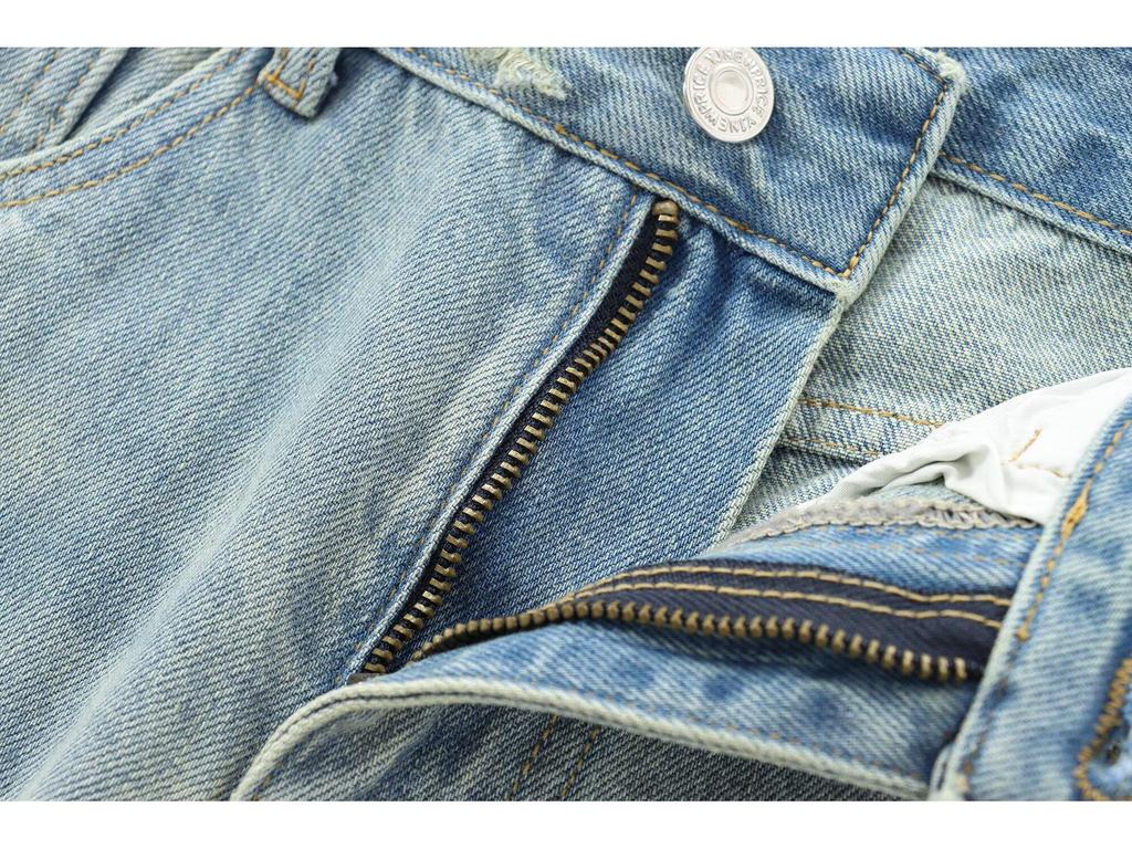 2024 Autumn Women's Distressed Mid-Waist Straight-Leg Jeans - French-Inspired European & American Fashion Trend