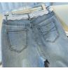Jeans Recortados de Pierna Ancha de Cintura Alta con Encaje y Cinta Azul Claro para Mujer (Primavera 2025)