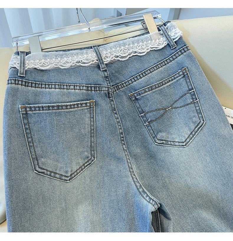 Jeans Recortados de Pierna Ancha de Cintura Alta con Encaje y Cinta Azul Claro para Mujer (Primavera 2025)