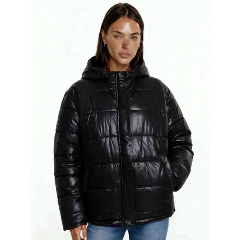 Womens Hooded Cotton Puffer Jacket Loose Fit Casual Winter Coat In Navy Black