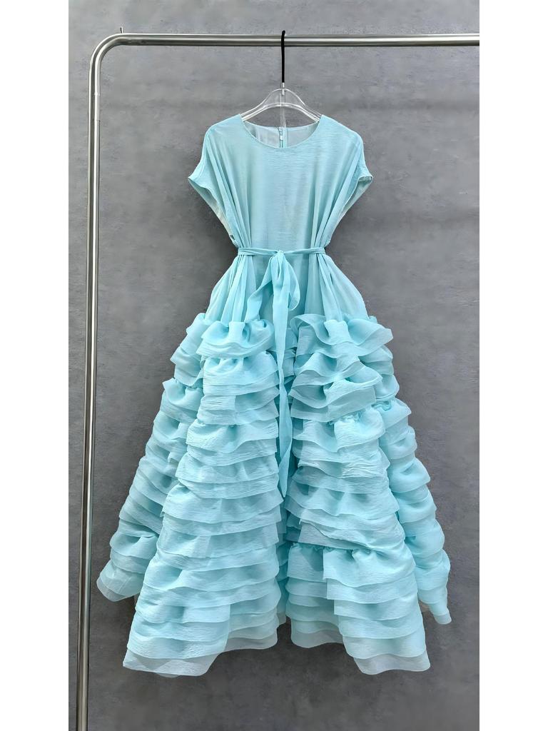 Elegant French Ruffle Waist-Cinching Patchwork Pleated Cake Skirt with Lace-Up Detail