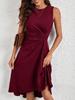 Women's Round Neck Sleeveless Solid Color Ruched Asymmetric Hem Elegant Midi A Line Dress