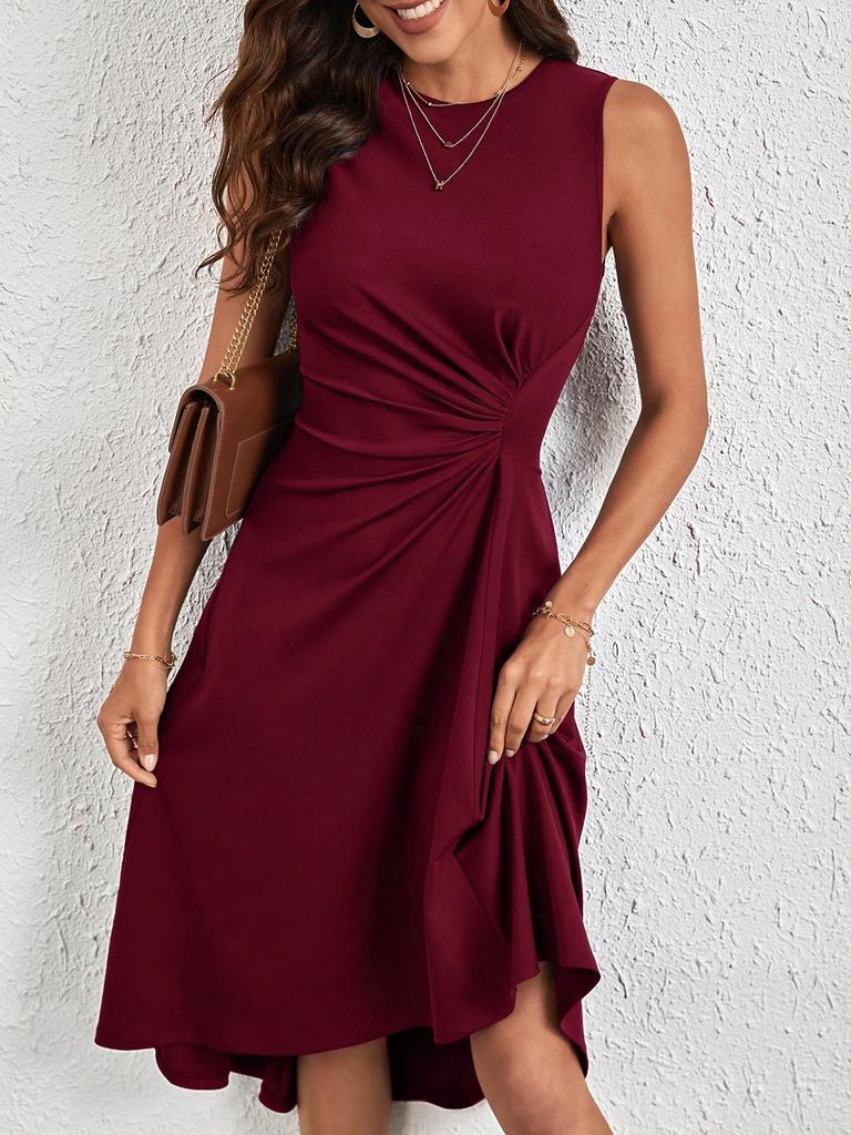 Women's Round Neck Sleeveless Solid Color Ruched Asymmetric Hem Elegant Midi A Line Dress