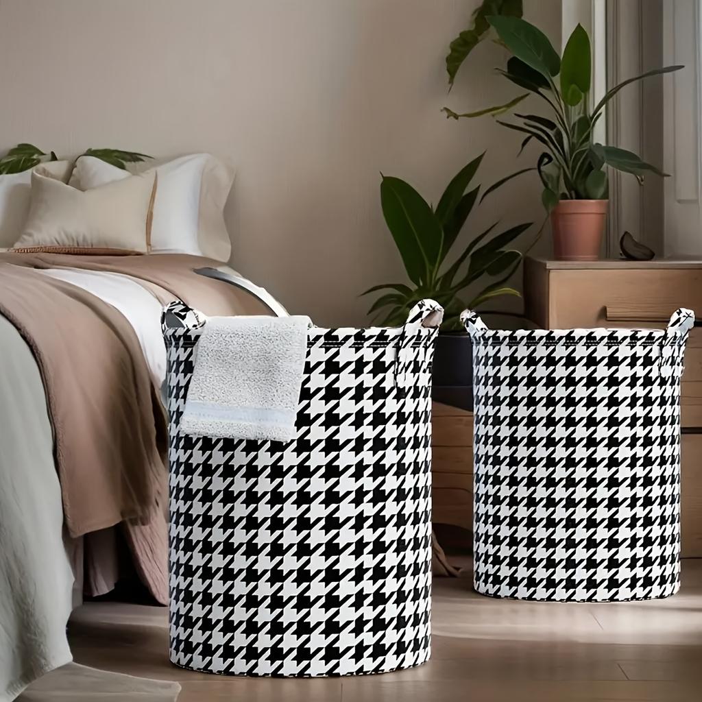 Minimalist Houndstooth Pattern Laundry Basket, Large Capacity Storage Organizer With Handle