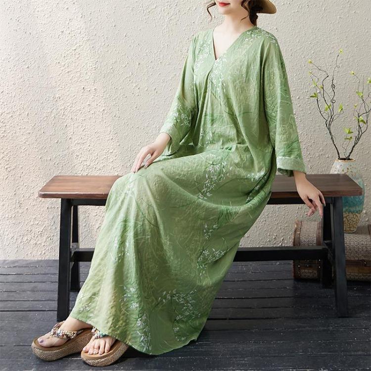 Spring Vintage Floral Print Plus Size Women Long Dress Loose Oversize Maxi Basic Long Sleeve Casual