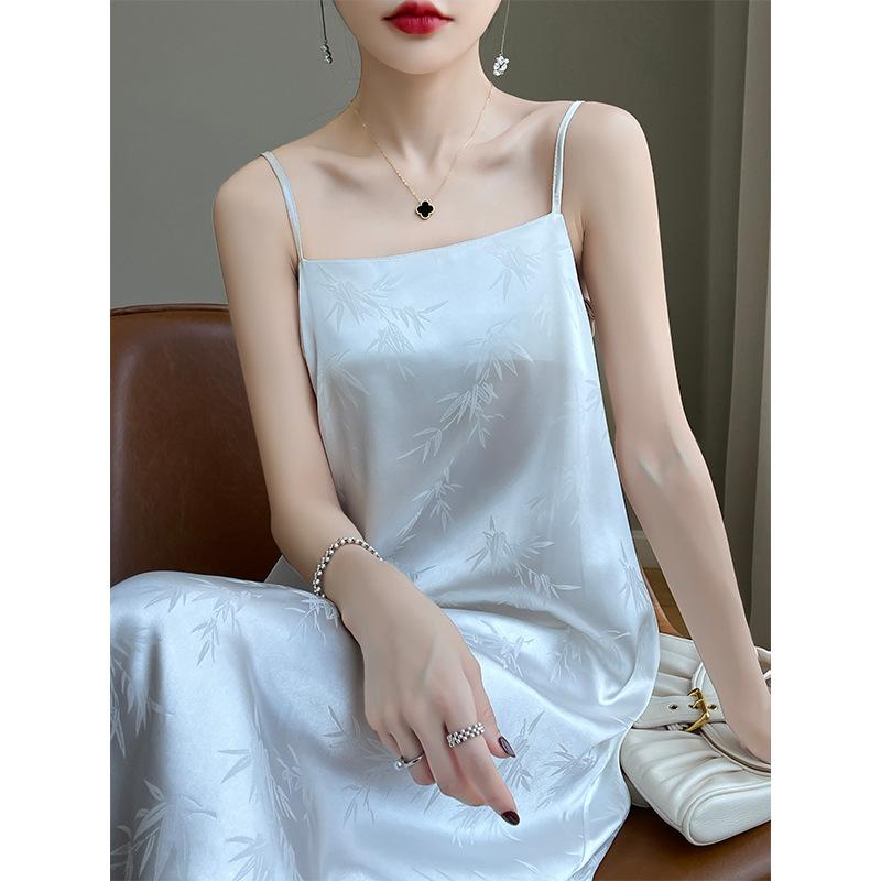 Summer High-end Acetic Acid Satin Dress for Women Light Luxury Niche Jacquard Midi Skirt Fashionable Versatile Suspender Skirt