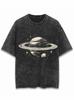 Danqi Yoyo Vintage Säuregewaschenes Schwarzes Übergroßes T-Shirt Retro Saturn Planet Sternenaufdruck Lässige Streetwear Unisex Baumwoll-T-Shirt