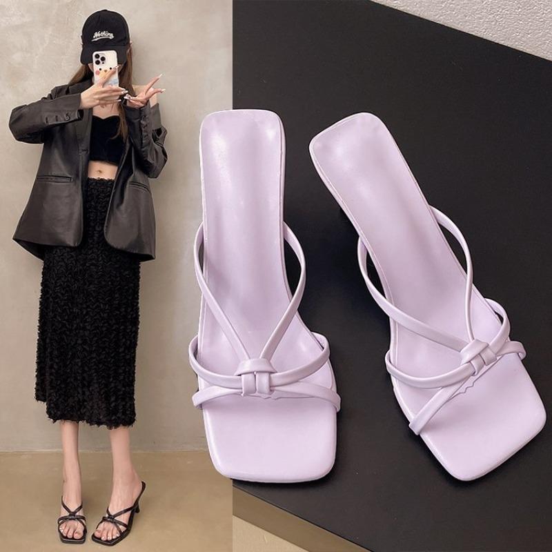 Fashion French Sandals and Slippers for Women 2025 Slipper with Bow Square Toe High Heel