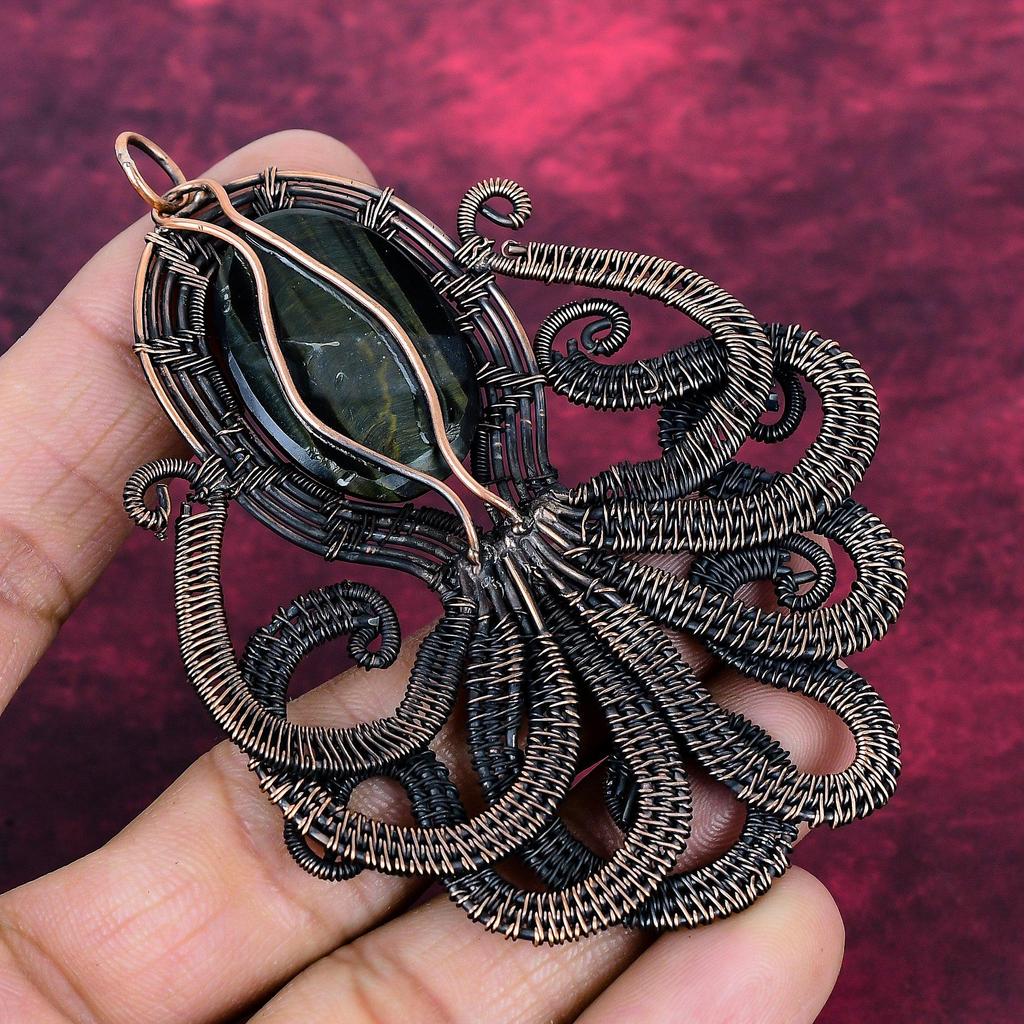 Pietersite Gemstone Pendant Copper Wire Wrapped Jewelry Elegant Octopus Pendant
