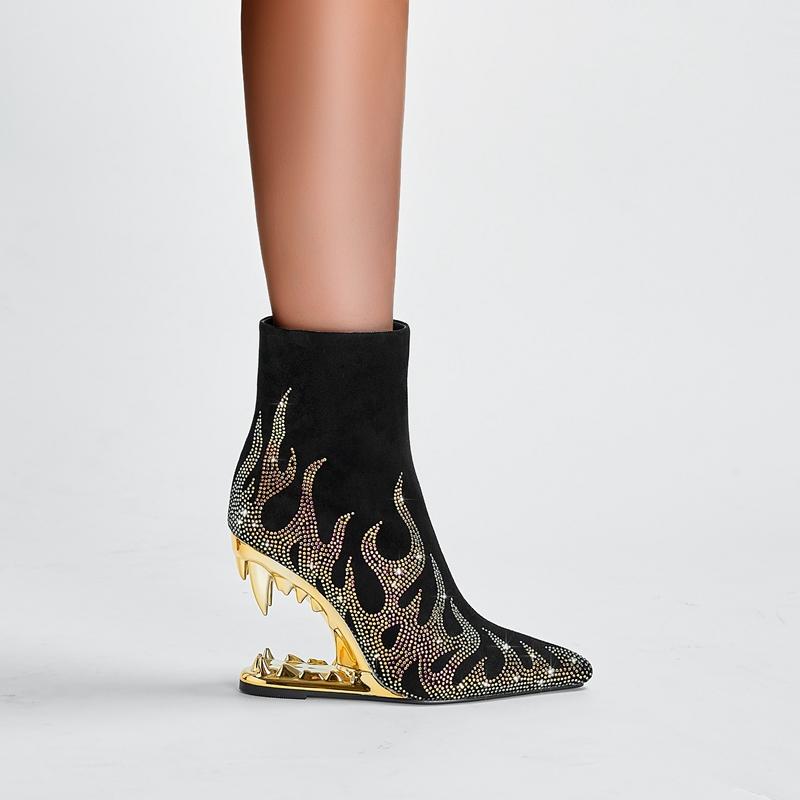 Fashion Kaky's New Water Diamond Flame Pointed Super High Heel Shaped Heel Wolf Teeth Tiger Teeth Women's Short Boots and Women's Boots